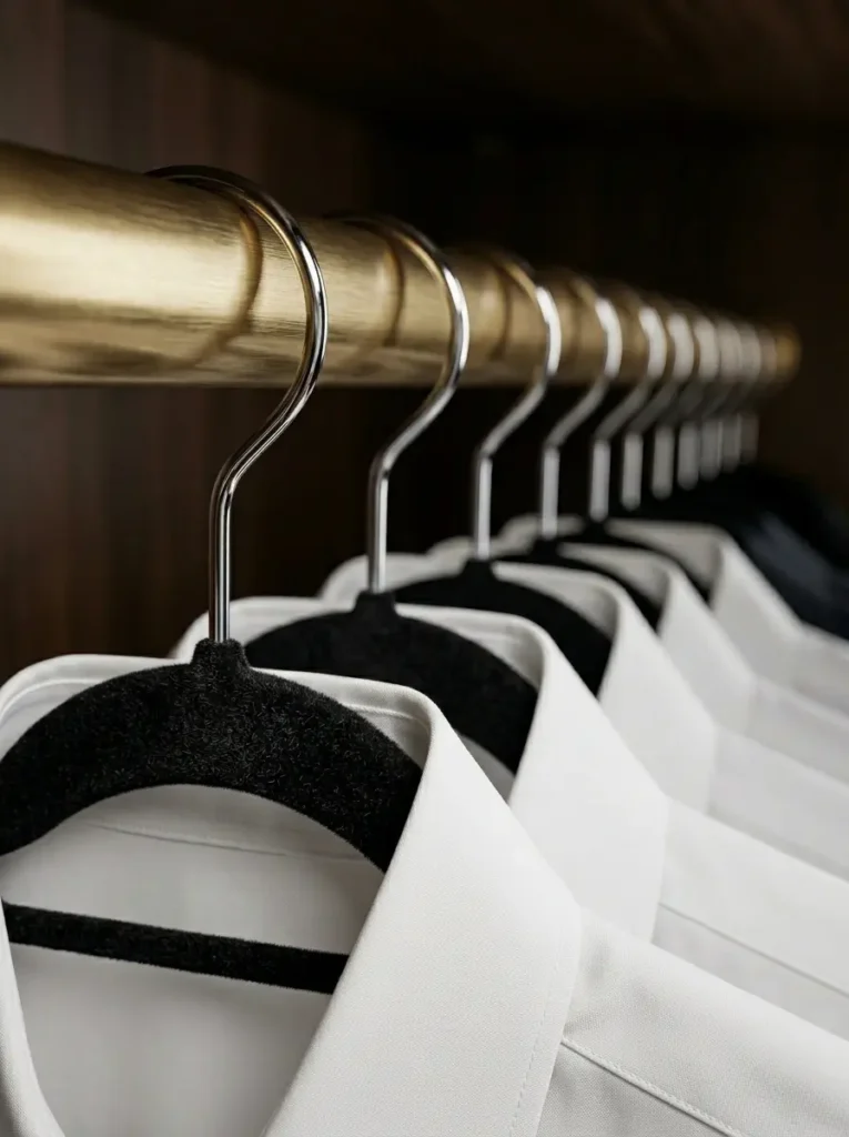 Identical black flocked hangers suspend crisp white dress shirts along a brass rod.

