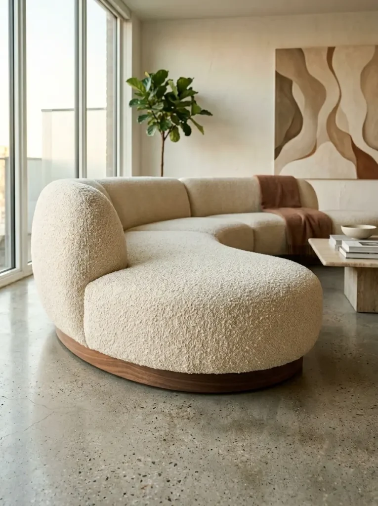 Curved Boucle Lounge Sofa Asymmetrical curved sofa covered in cream textured boucle fabric on a short wooden base