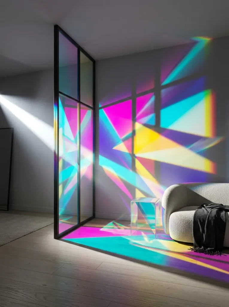Chromatic dichroic glass partition casting colorful lighting for dark apartments.