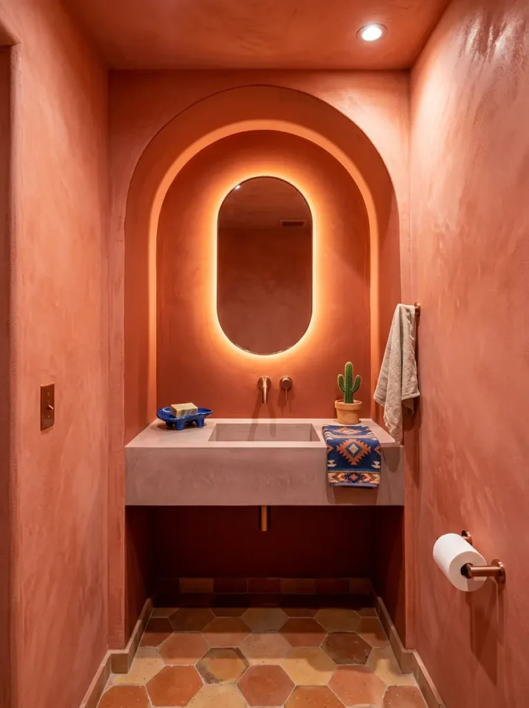 Dusty Terracotta Arched Bathroom Orange terracotta walls with arched niche and concrete sink