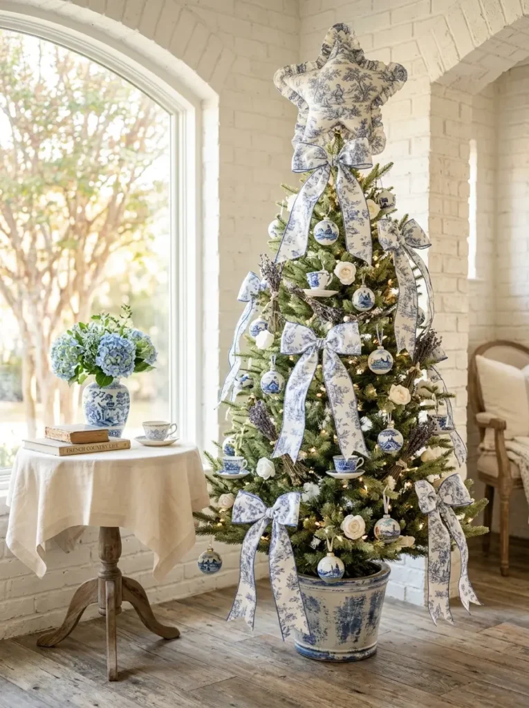 Green Christmas tree featuring large blue and white patterned bows and delicate porcelain teacups