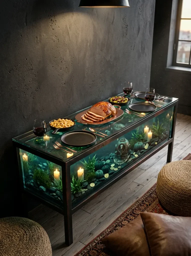 Rectangular dining console table featuring a glass aquarium base filled with aquatic plants and candles