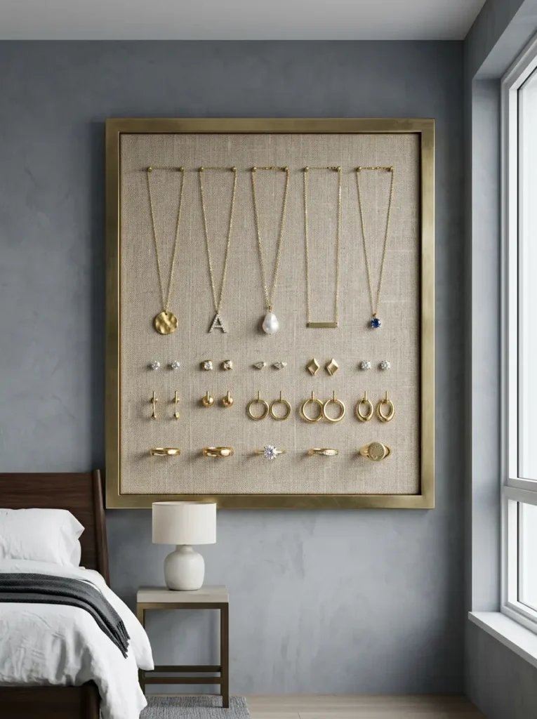 Brass frame surrounds a fabric backdrop where gold necklaces earrings and rings hang from small pins.