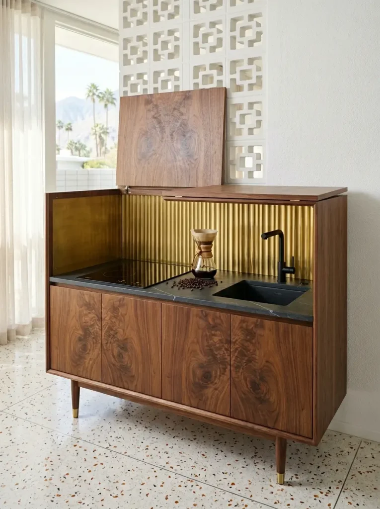 A rich walnut midcentury modern credenza with the top lid flipped open to show a black stone counter, sink, and cooktop inside.