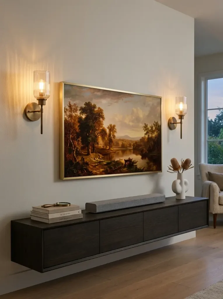 Symmetrical brass sconces flank a digital painting above a floating cabinet on a small living room tv wall.