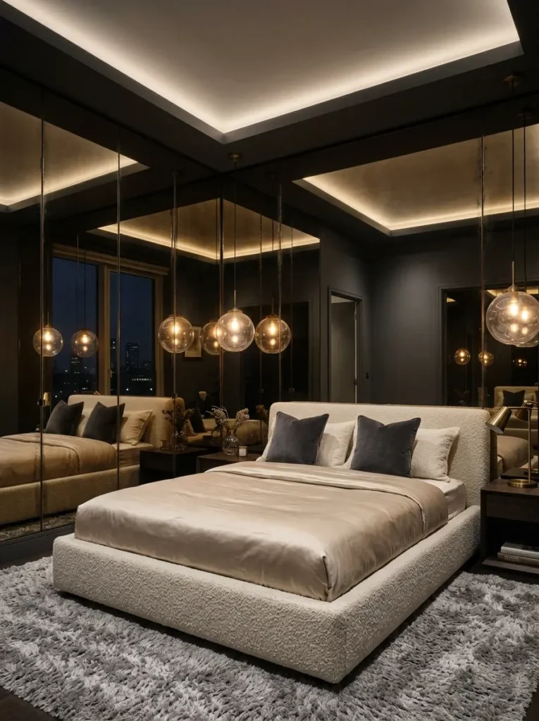 Dark aesthetic room featuring a full wall of tinted mirrors behind a cream bouclé bed to visually double the space