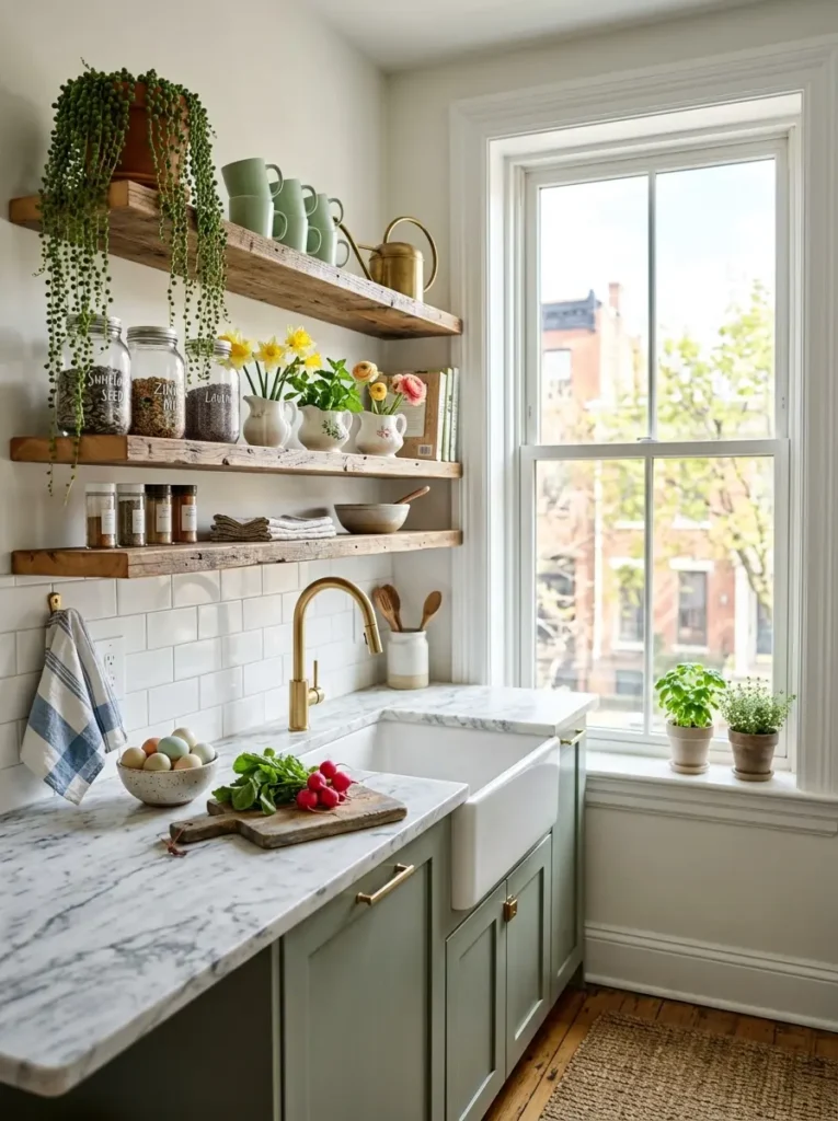 Floating wooden shelves display glass jars and yellow flowers in a kitchen.