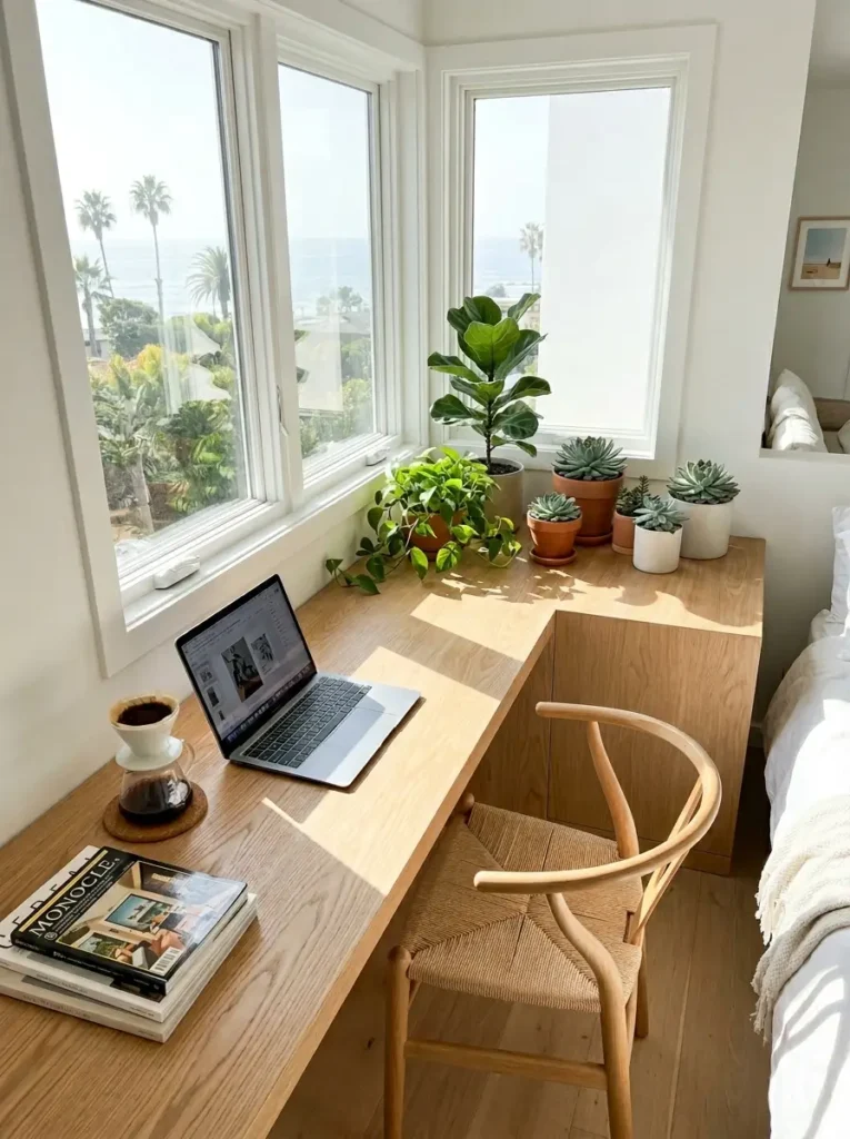 L shaped wooden desk wrap around a bright corner window.