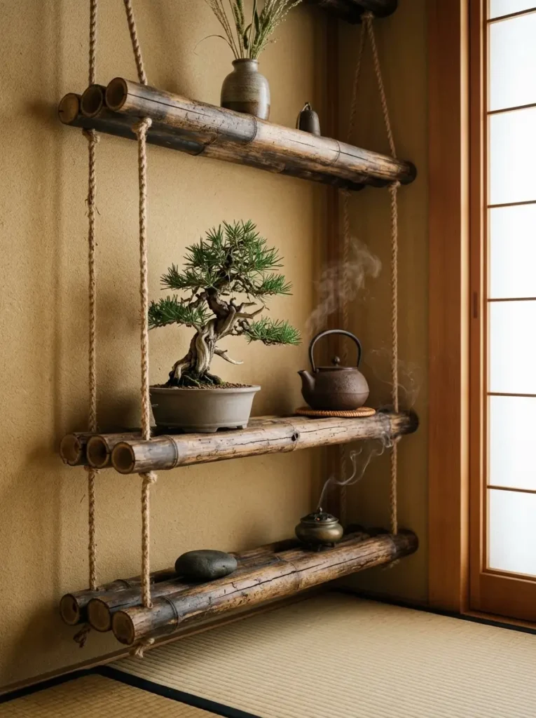 Three tiers of bound bamboo stalks suspended by thick rope holding a bonsai tree and teapot.