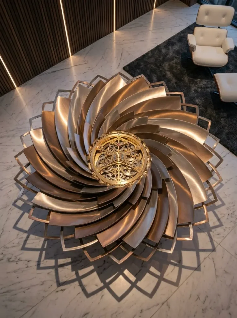 Kinetic Metallic Turbine Table Circular table made of overlapping metal turbine blades with a central golden gear mechanism.