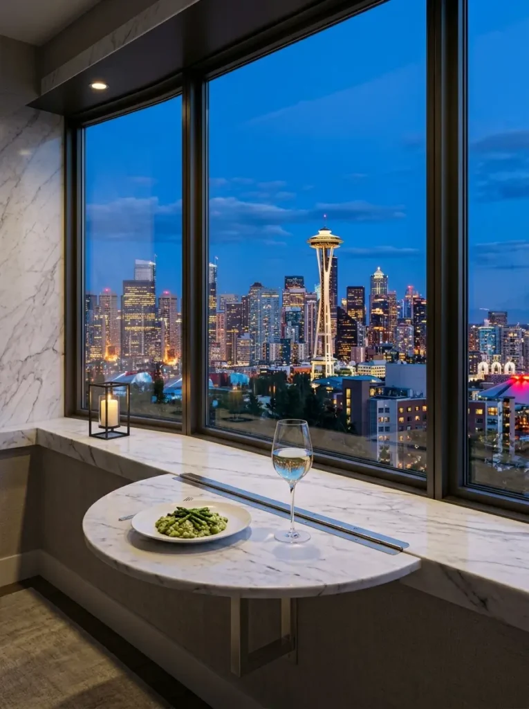 White Marble Window Sill Fold Down Flap White marble semi circular fold down space saving dining table attached to a luxury window ledge.