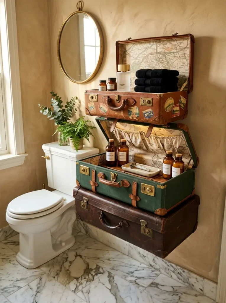 Three vintage suitcases stacked vertically acting as floating shelves over a toilet
