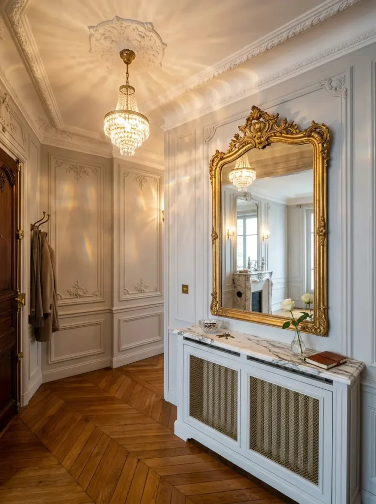 Ornate gilded mirror sits on a marble radiator cover under a crystal chandelier in a paneled corridor.