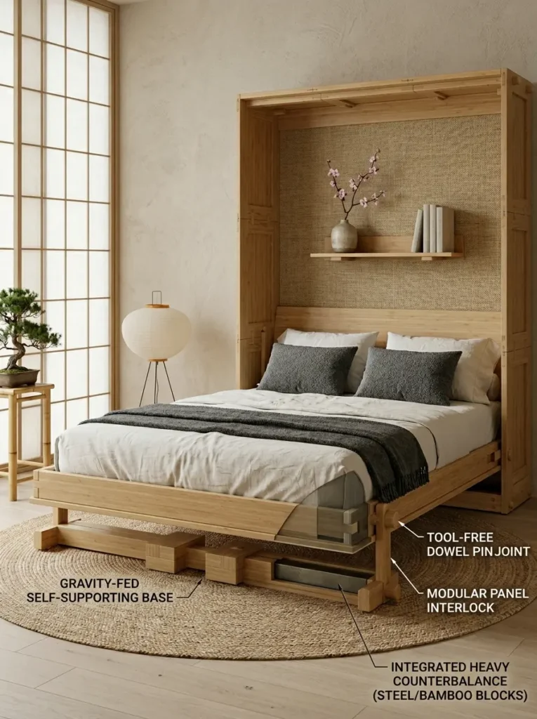 Tool Free Bamboo Dowel Bed Lightweight tool free bamboo affordable murphy bed connecting with dowel pins and an interlocking modular panel design.