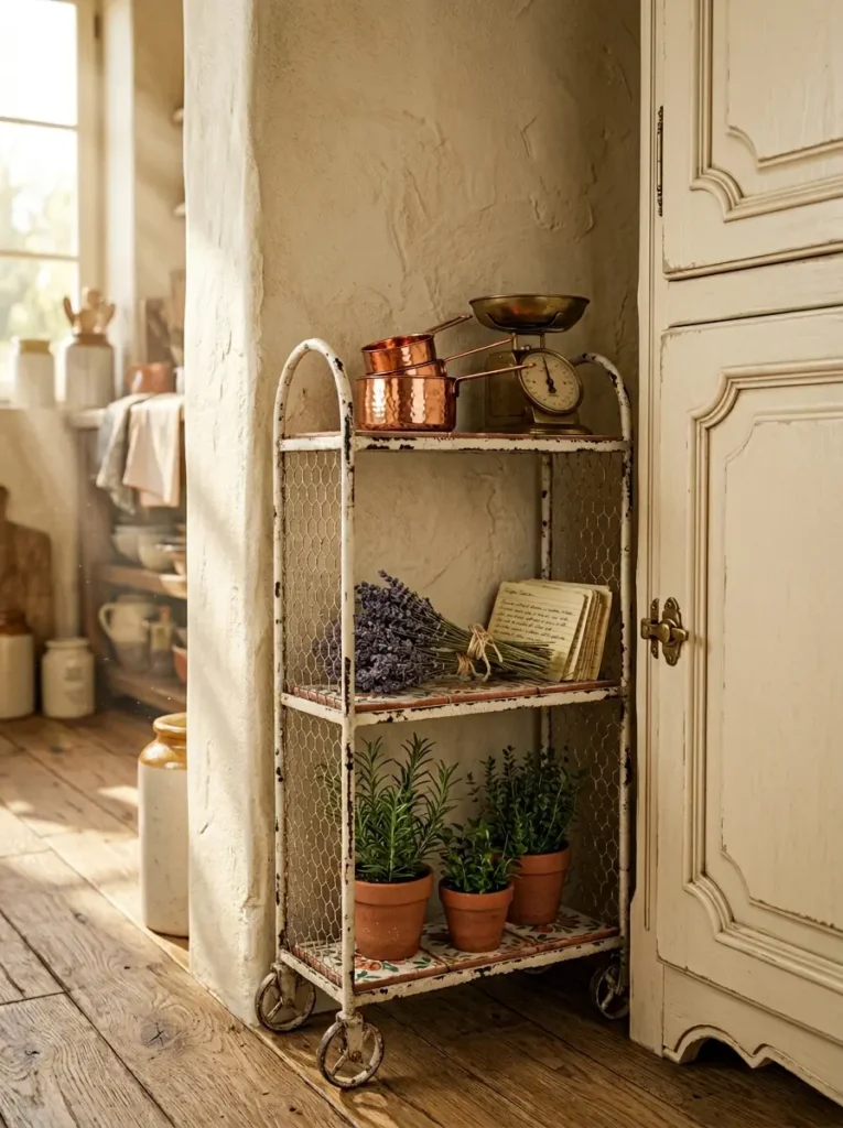 Shabby chic white cart with chicken wire sides and terracotta herb pots