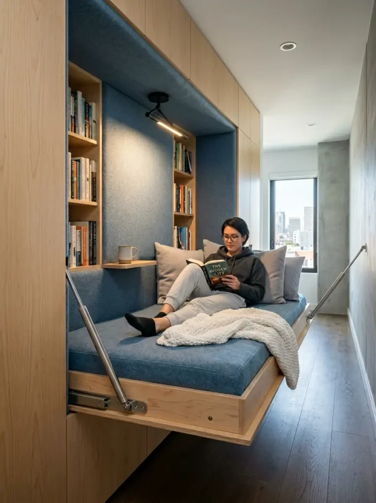 Hallway Foldout Lounger Blue fold down bed in a hallway used as a small space reading nook.