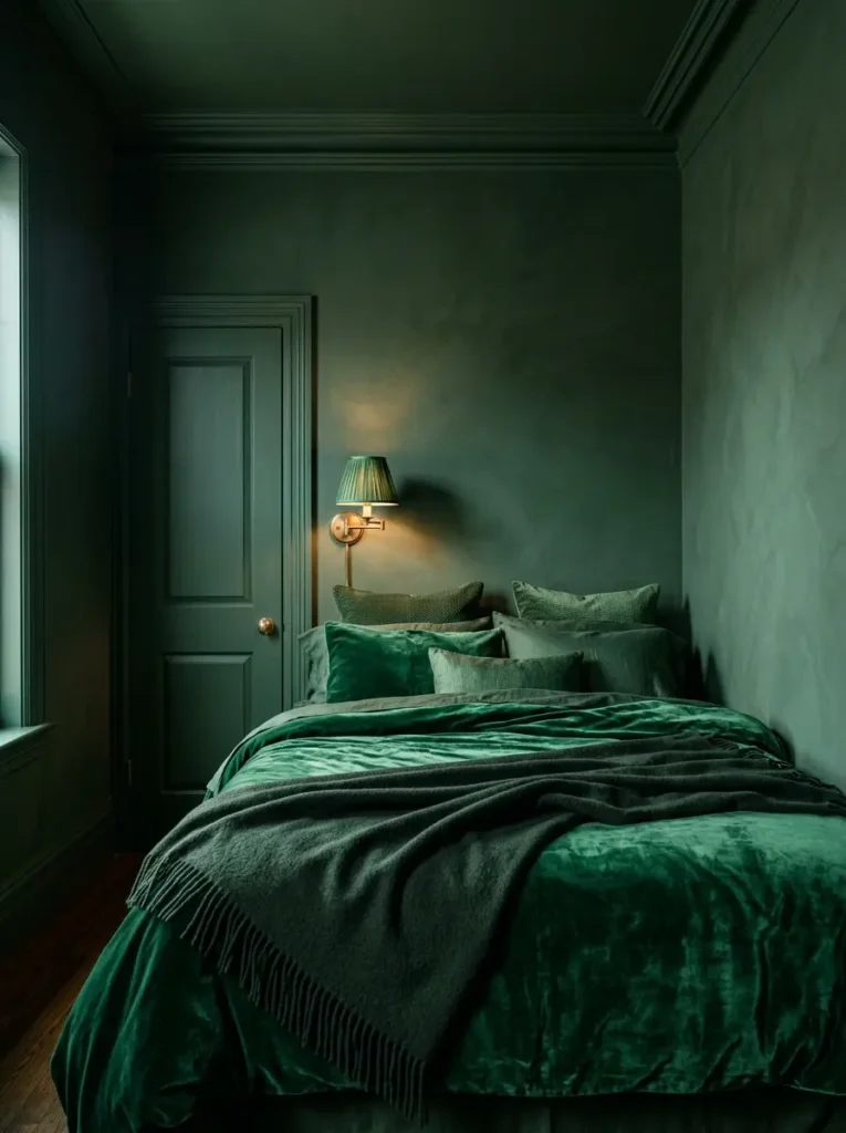 Dark Green Monochromatic Bedroom Small bedroom painted entirely in dark forest green with matching velvet bedding and a brass sconce.