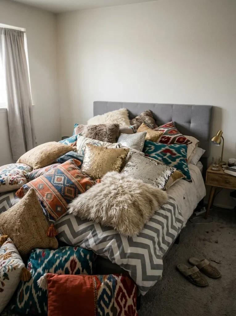  Queen bed completely covered by dozens of mismatched decorative throw pillows in various colors and textures