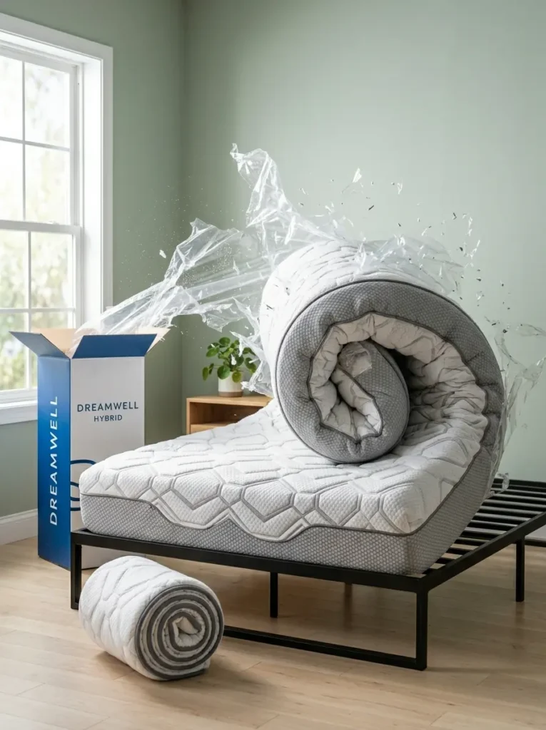A rolled memory foam mattress expands rapidly after breaking the clear plastic vacuum seal