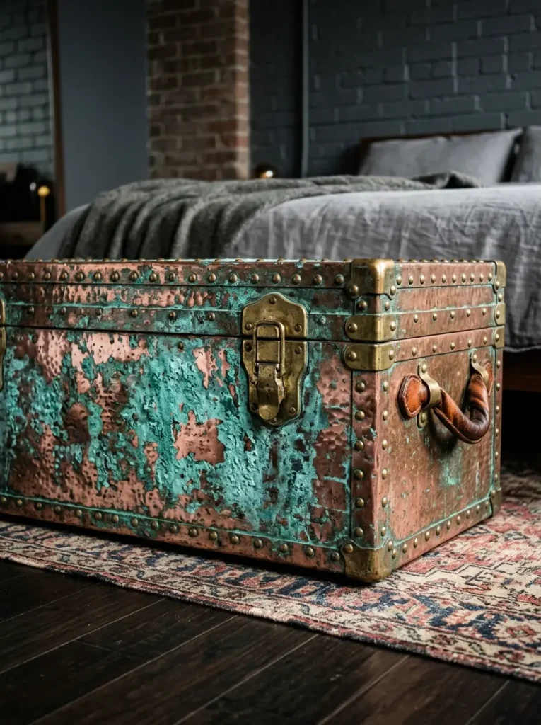 Patinated Copper Storage Trunk Distressed copper storage trunk with green verdigris finish and brass rivets