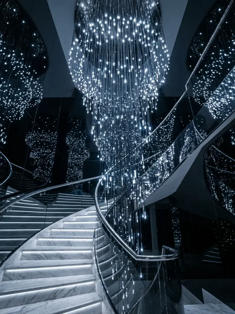 Thousands of cascading fiber optic lights illuminating a dark apartment staircase.