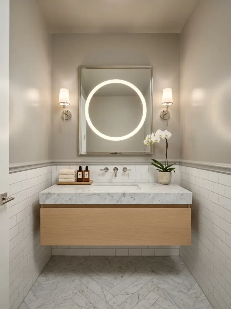 Warm Grey Bathroom Color Warm grey bathroom walls with white subway tiles and oak vanity