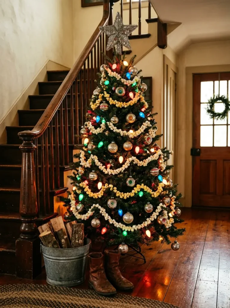 Dark green slim Christmas tree draped in popcorn garlands and colorful vintage bulbs near a wooden staircase