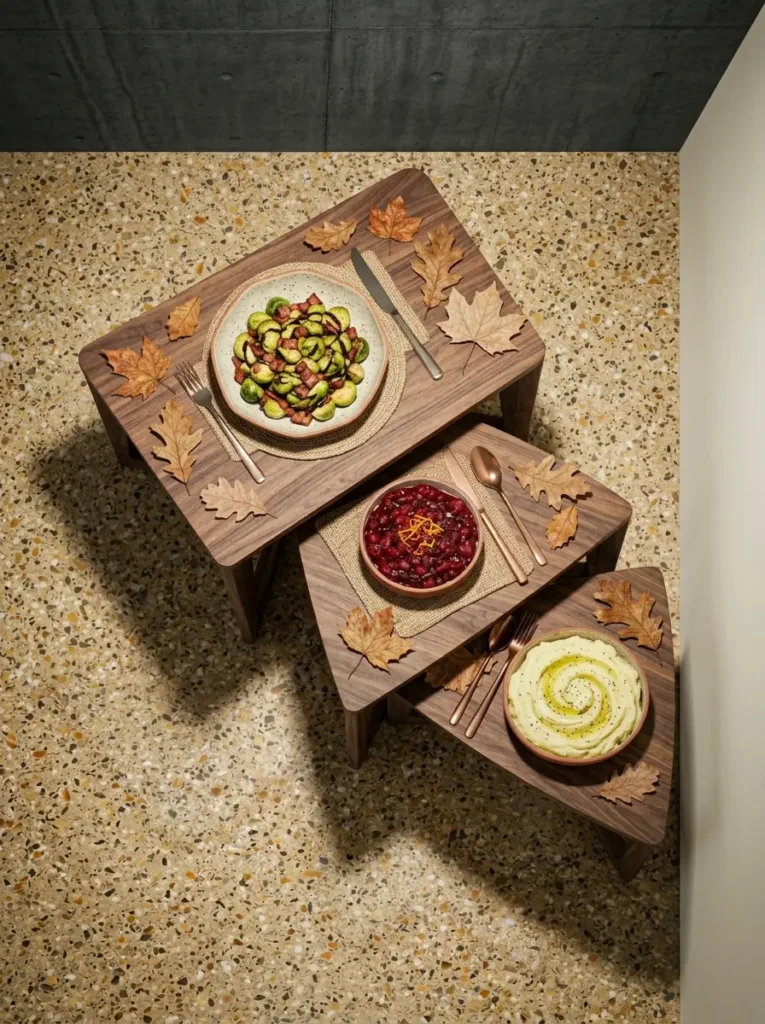 Three nesting wooden triangle tables stacked at different heights holding Thanksgiving side dishes