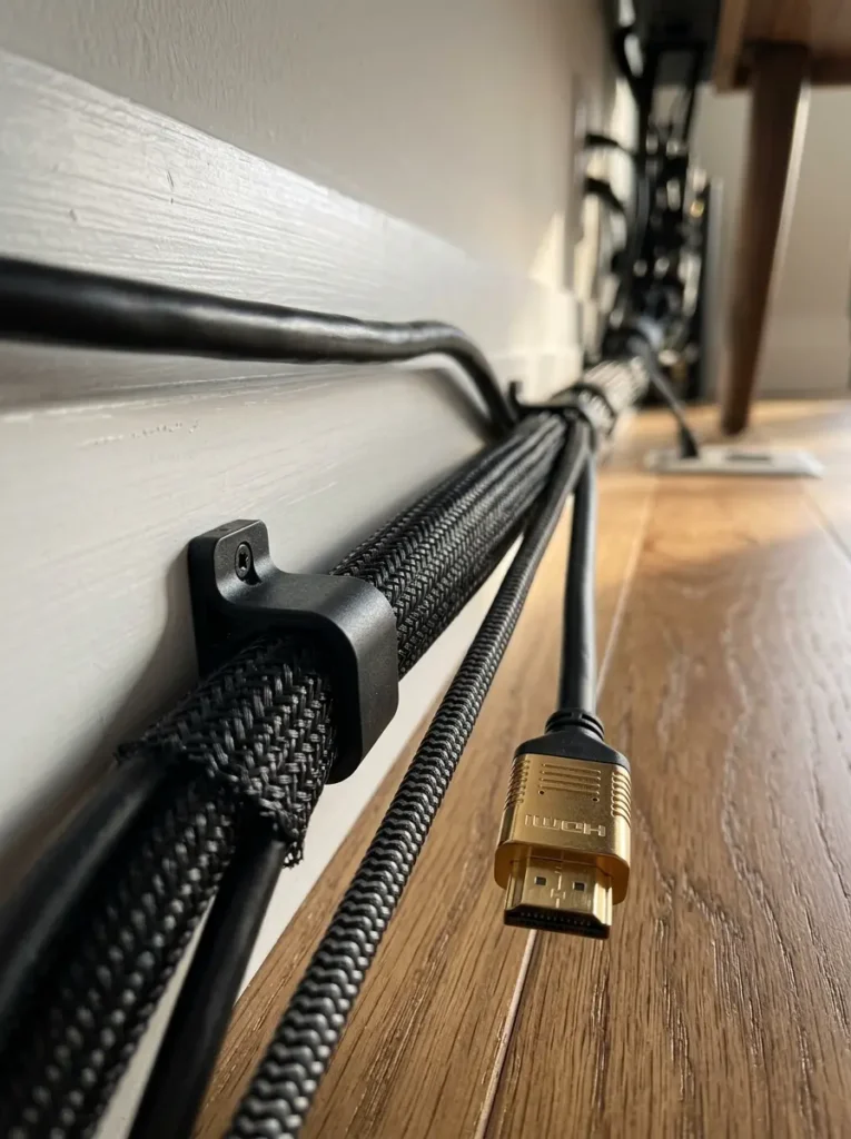 Black mesh sleeve holds electronic wires tightly against a white baseboard with plastic clips.