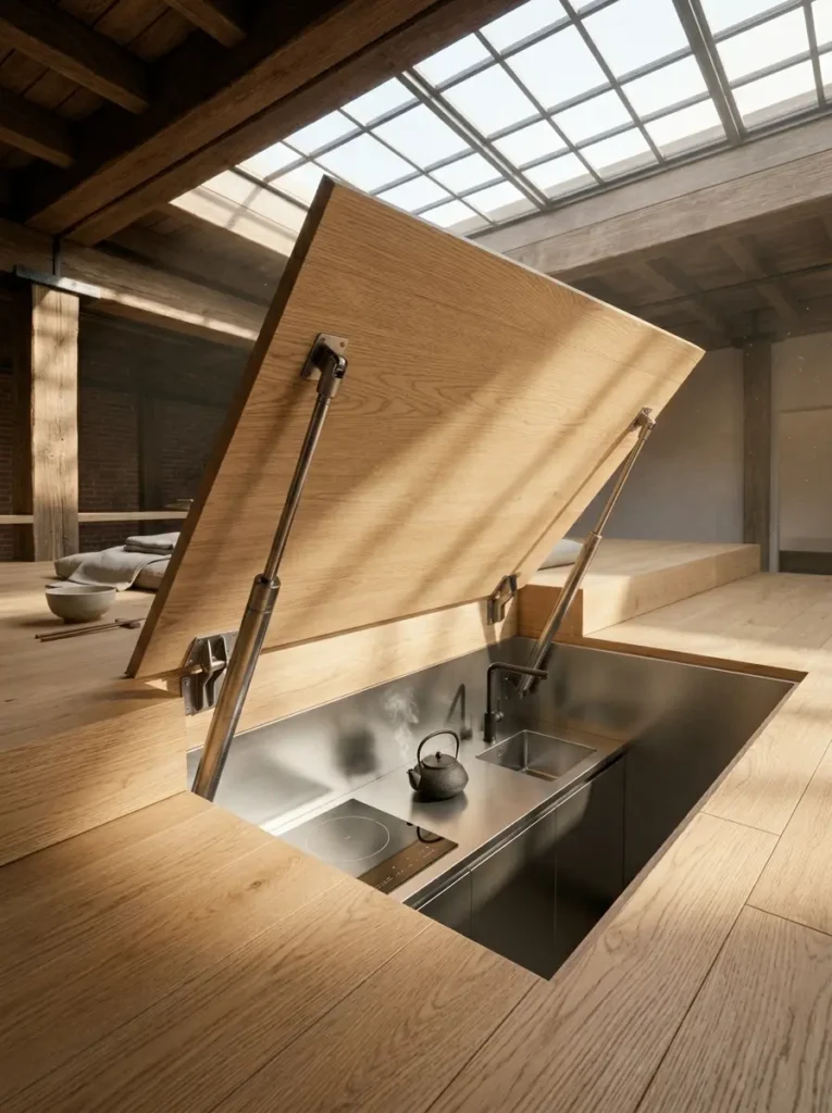 A hidden stainless steel kitchen revealed beneath a heavy wooden floor panel lifted by hydraulic arms.