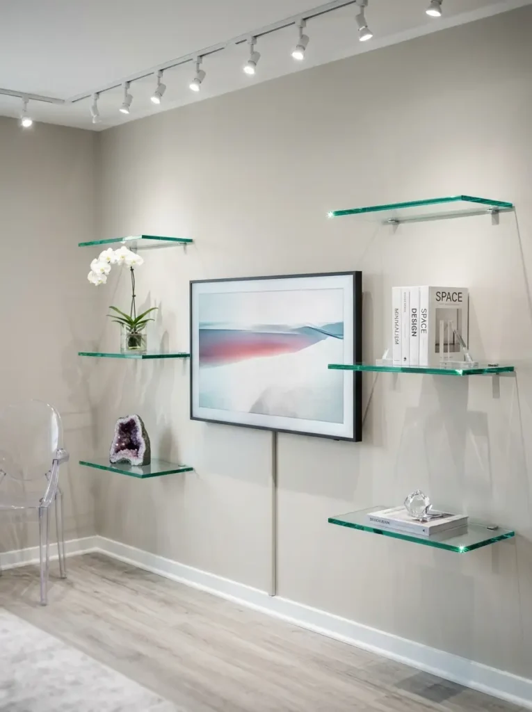 Transparent glass shelving surrounds a picture frame monitor in a clear small living room tv wall.