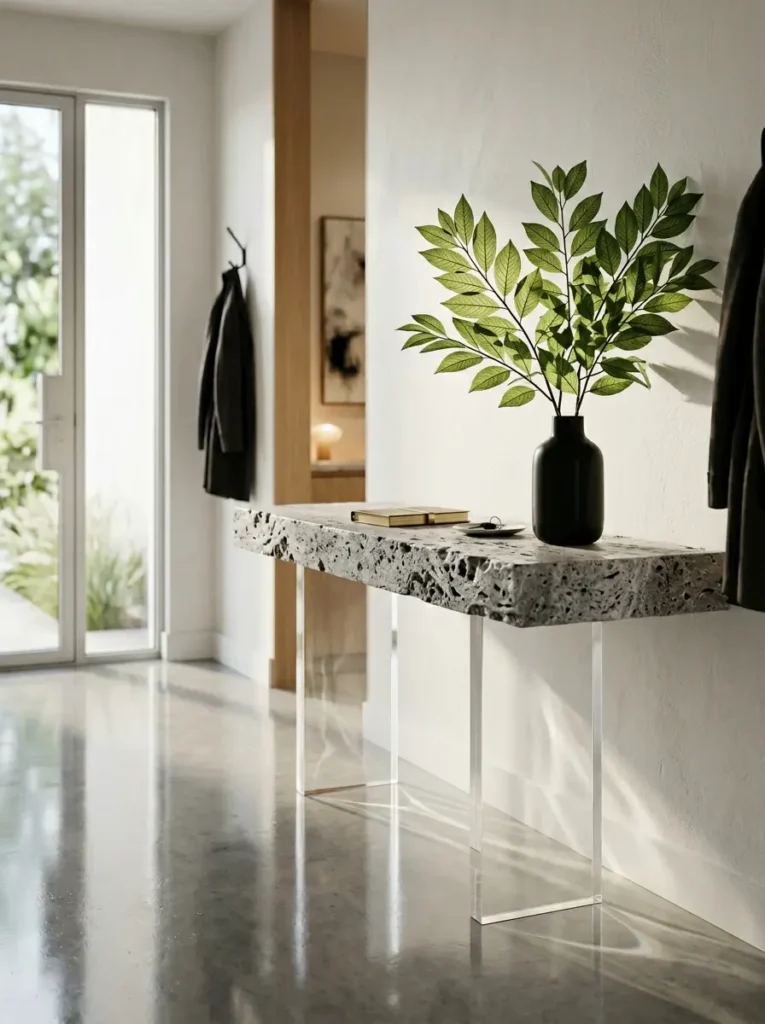 Textured stone console table resting on transparent acrylic legs in a bright modern hallway with green leafy branches.
