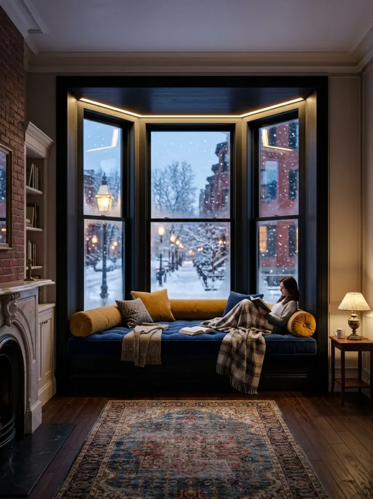 Woman reading on a blue velvet custom bay window seat with yellow pillows overlooking a snowy street.