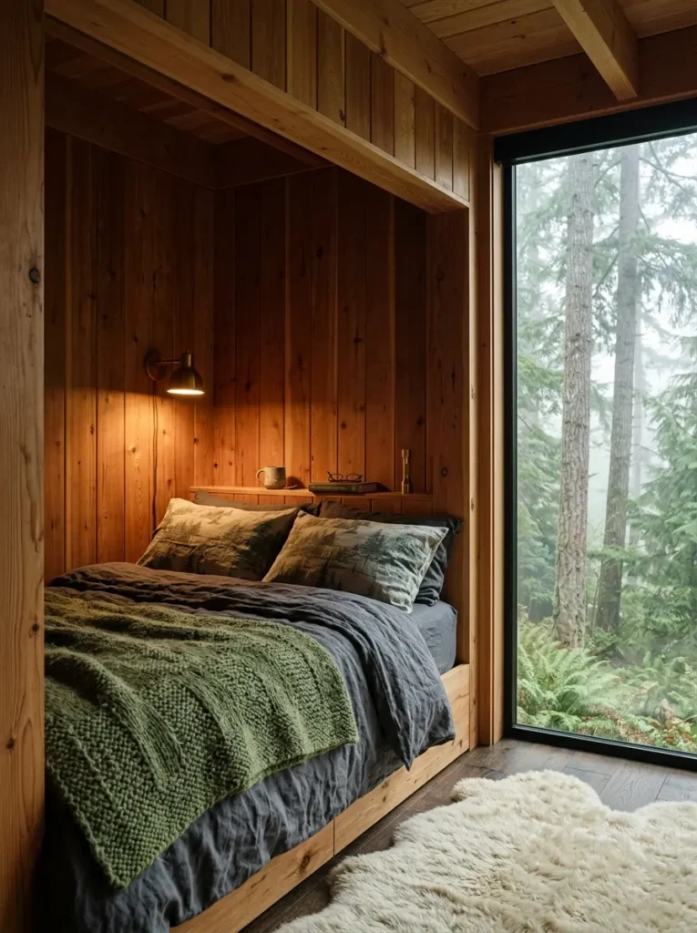 Rustic wooden cabin window nook bed looking out at a misty green forest with thick green knit blankets