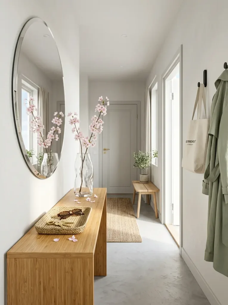 Bright cherry blossoms sit in a clear vase on thin furniture.