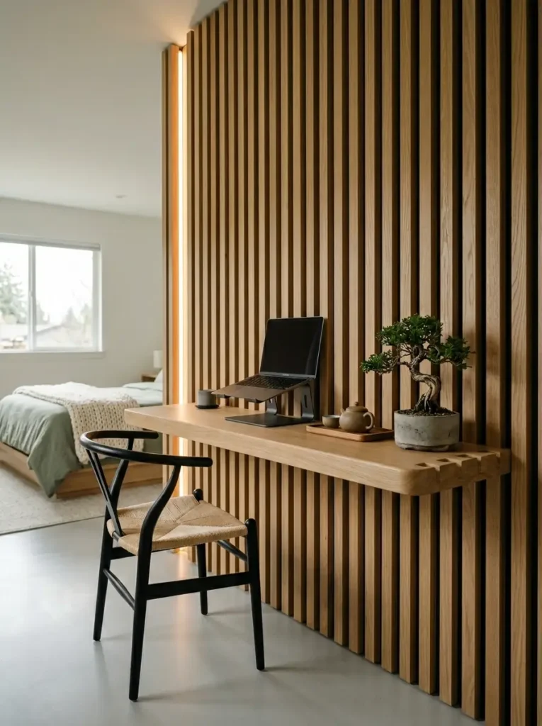 Slatted wood wall with attached counter and black chair.