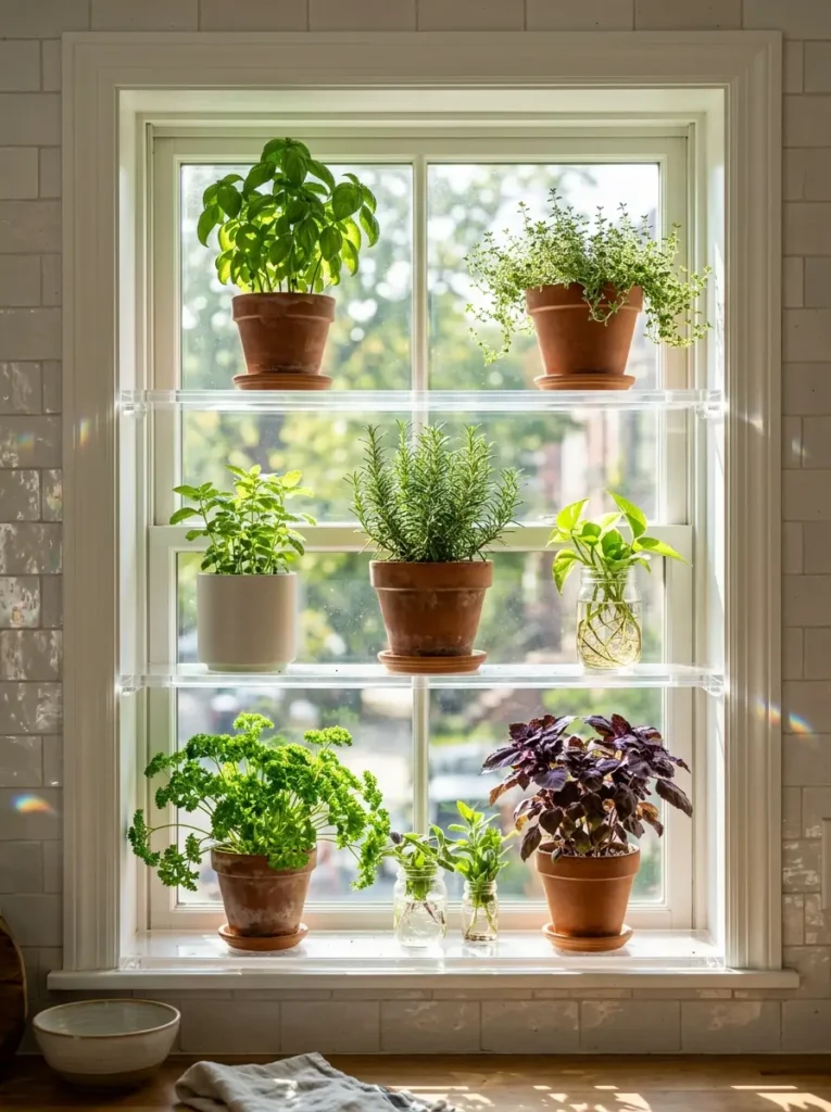Transparent acrylic shelves attached to a window holding various potted herbs and plants.