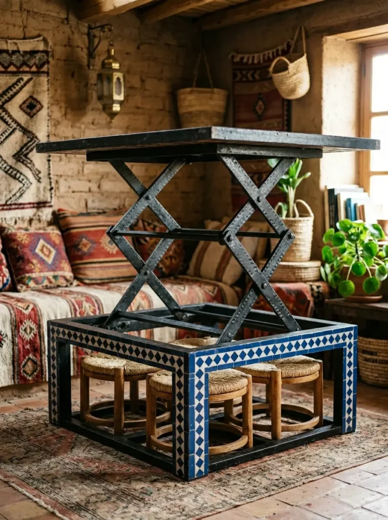 Scissor Lift Table With Tucked Stools Square table with a mechanical lift system elevating the top over four small stools.
