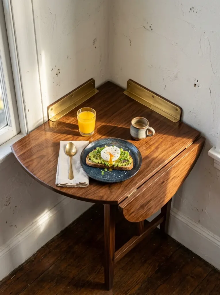 Wooden Corner Wall Mounted Breakfast Board Dark wood drop leaf space saving dining table attached to a white corner wall.