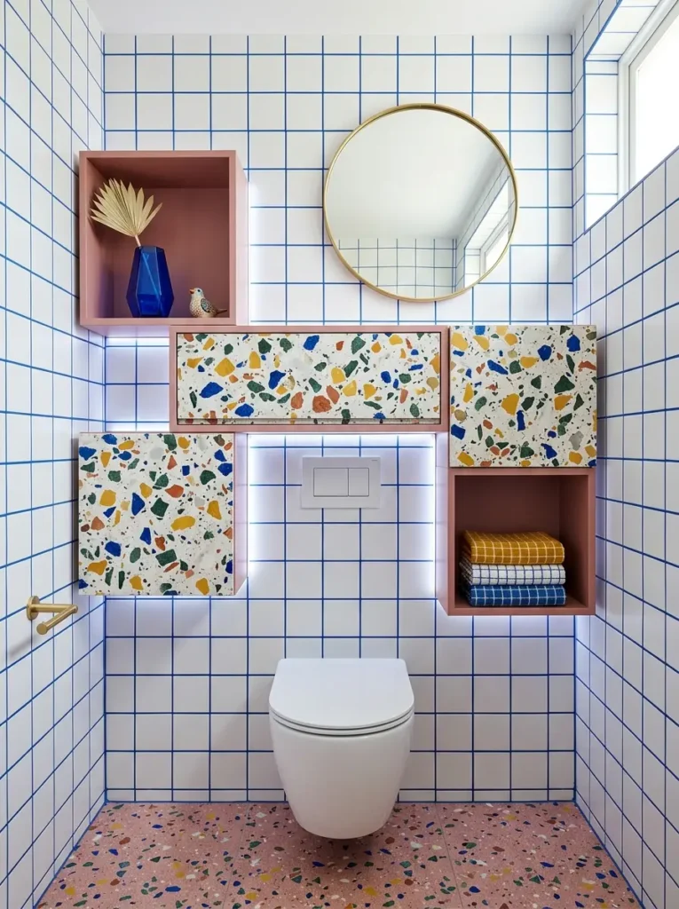 Asymmetrical pink floating shelves with vibrant terrazzo doors over a white flush plate
