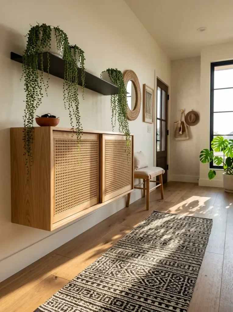 Light oak cabinet with rattan doors floats below a black shelf holding trailing green plants.