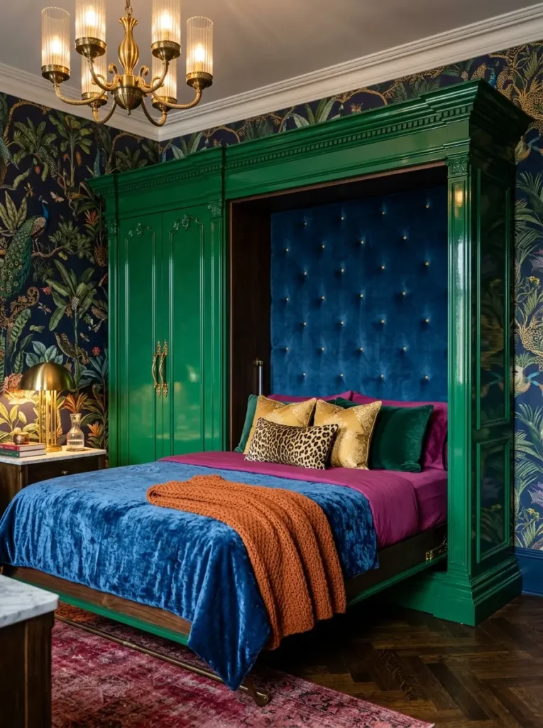 Emerald Green Glossy Cabinet Bed Ornate emerald green glossy cabinet opened to reveal a hidden affordable murphy bed with a blue tufted headboard.