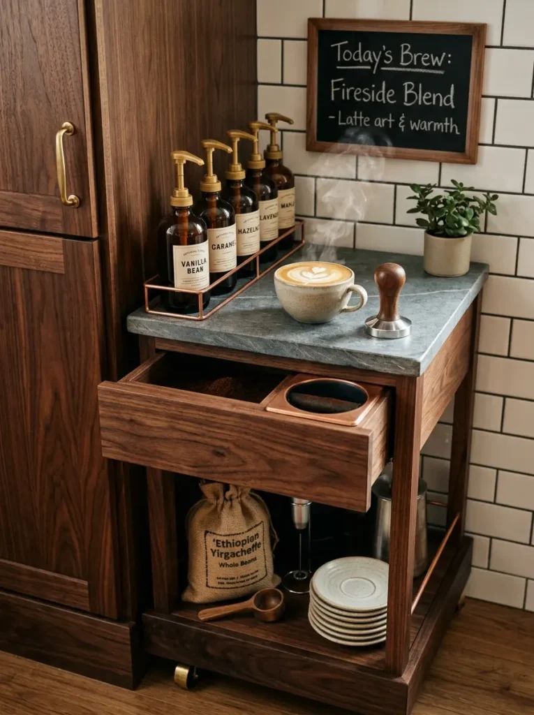 Walnut wood coffee cart with stone countertop and espresso accessories