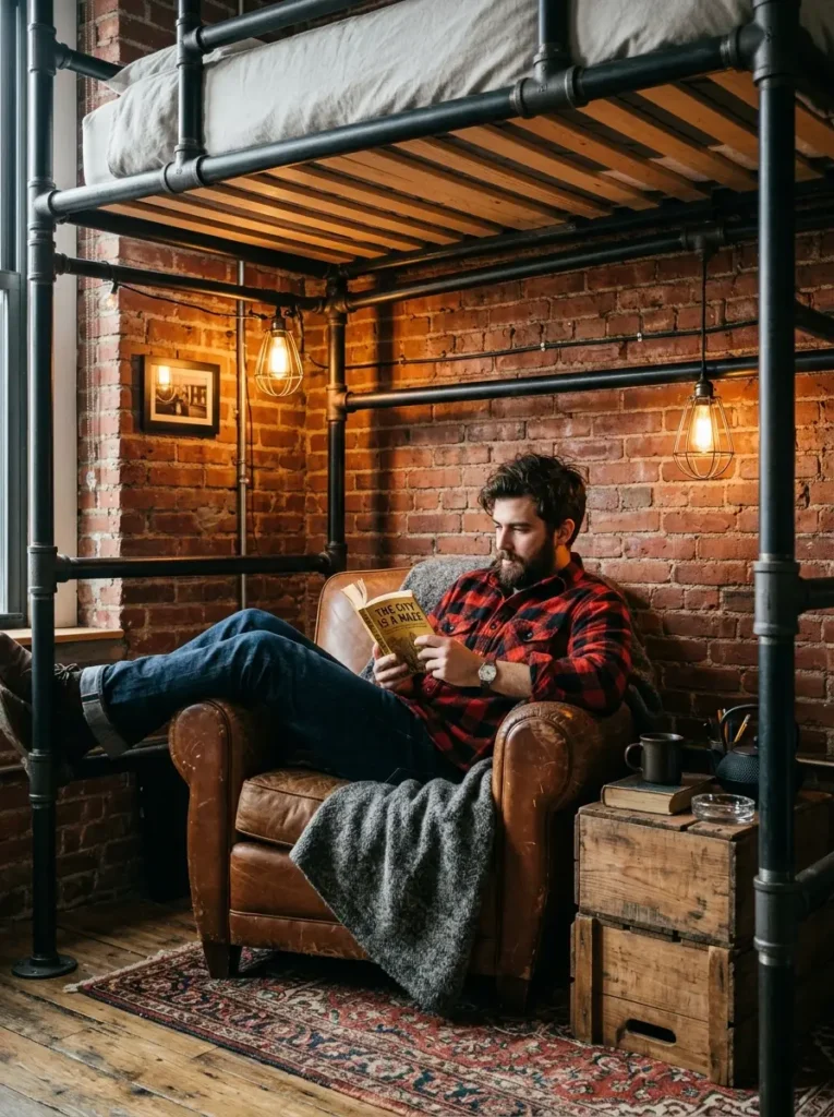 Under Bunk Lounge Man reading in a leather chair placed underneath an industrial pipe bunk bed.