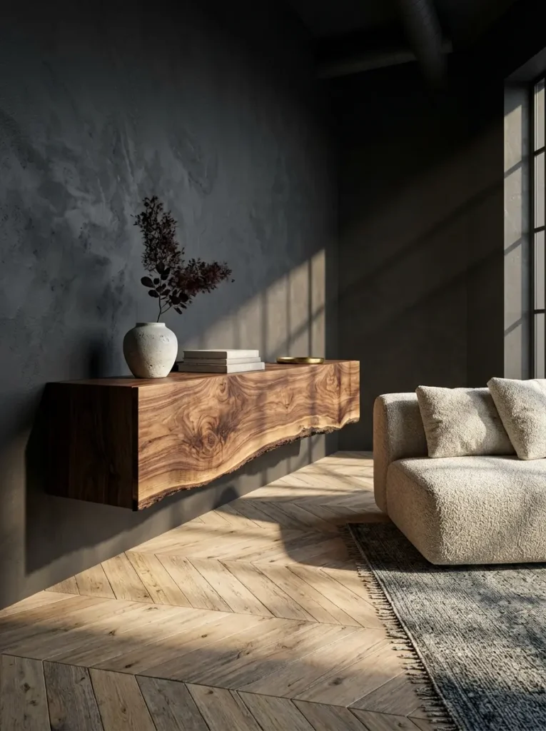 Floating Wood Slab Console Thick live edge wood slab floating on a dark gray wall next to a textured white sofa.