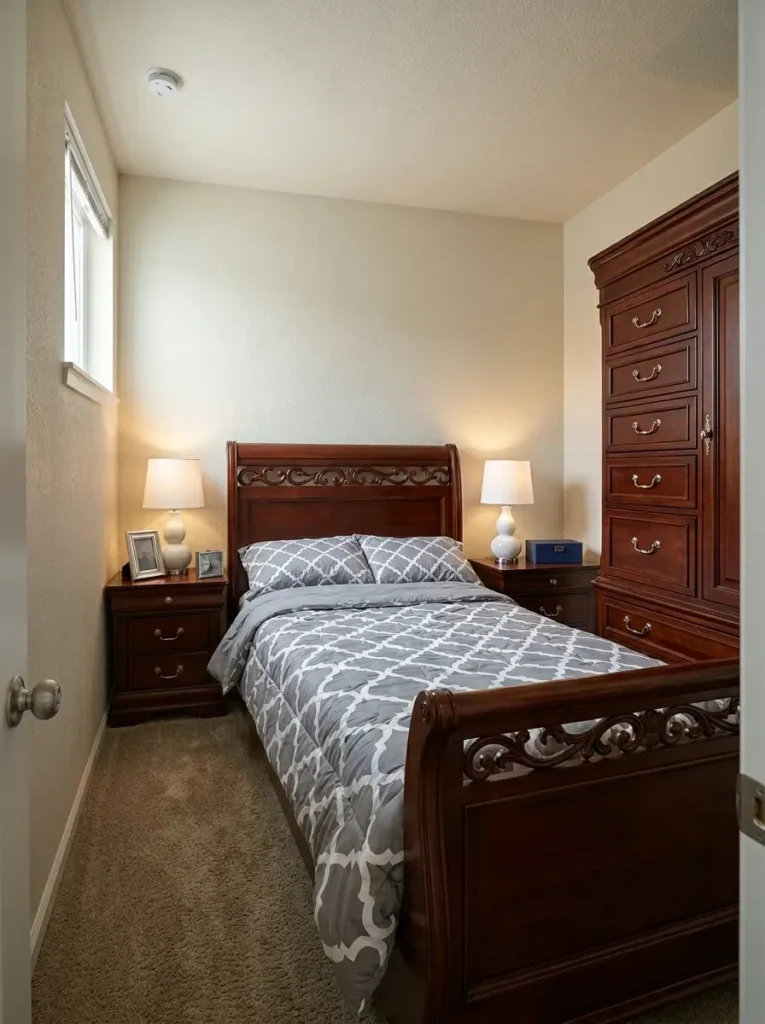 Tiny bedroom cramped with a matching set of massive dark carved wood furniture including a huge tall dresser