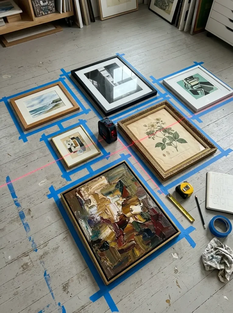 Assorted framed artworks lie flat across a wooden floor surrounded by blue tape and tools.