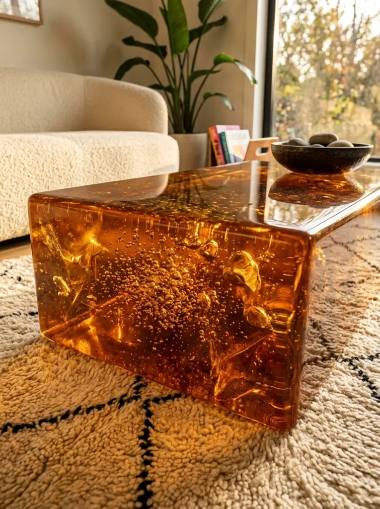 Translucent Amber Resin Block Table Solid rectangular orange amber resin coffee table with trapped air bubbles inside