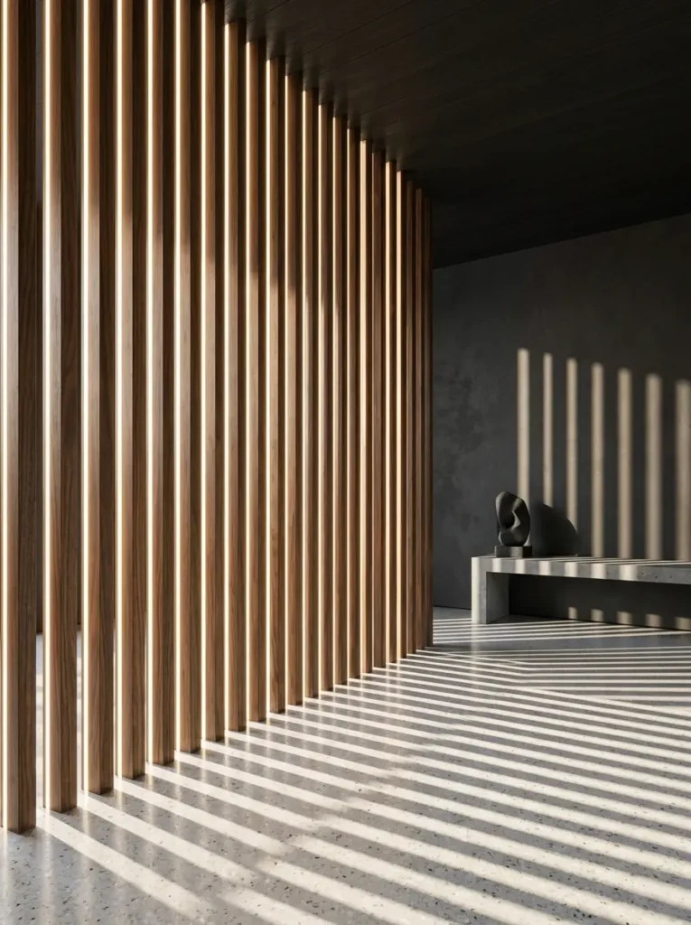 Vertical wooden room divider with edge lighting for dark apartments.