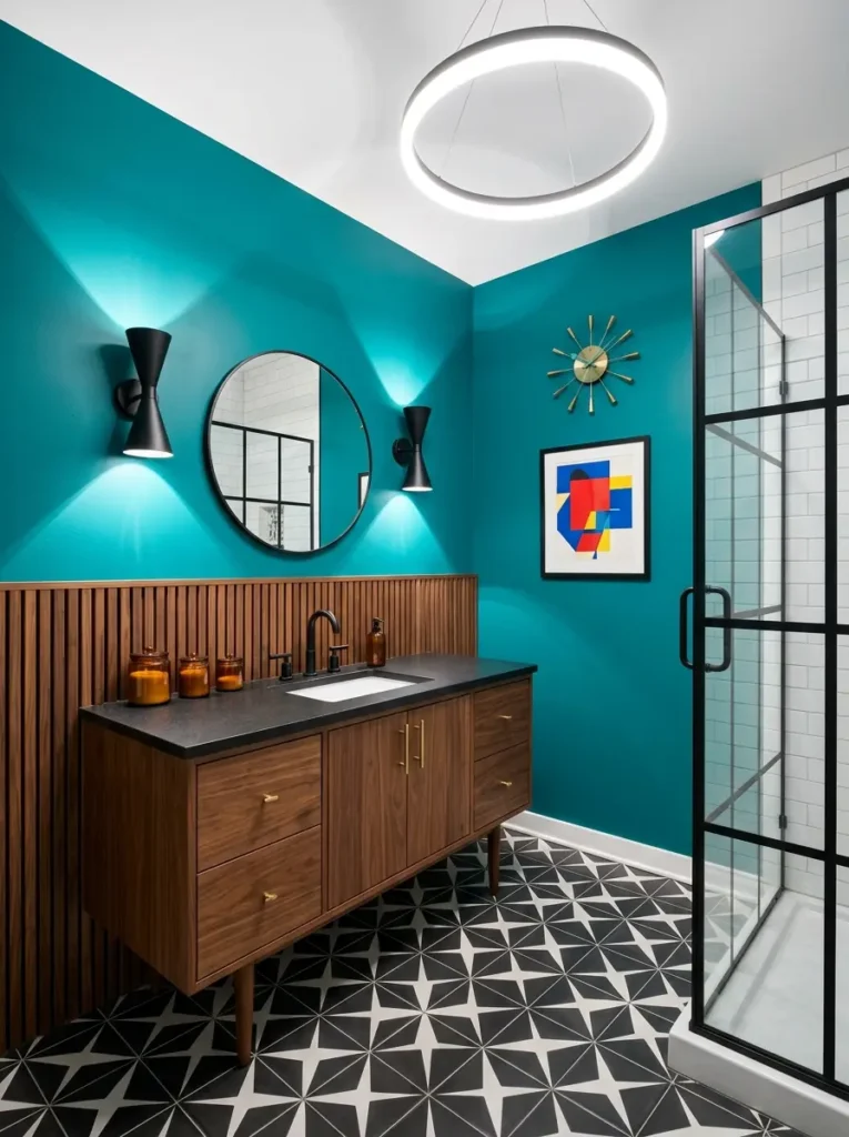 Vibrant Teal Mid Century Bathroom Saturated teal walls with walnut vanity and geometric floor